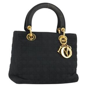 Christian Dior Lady Dior Canage Hand Bag Nylon Black Gold Auth ep12307